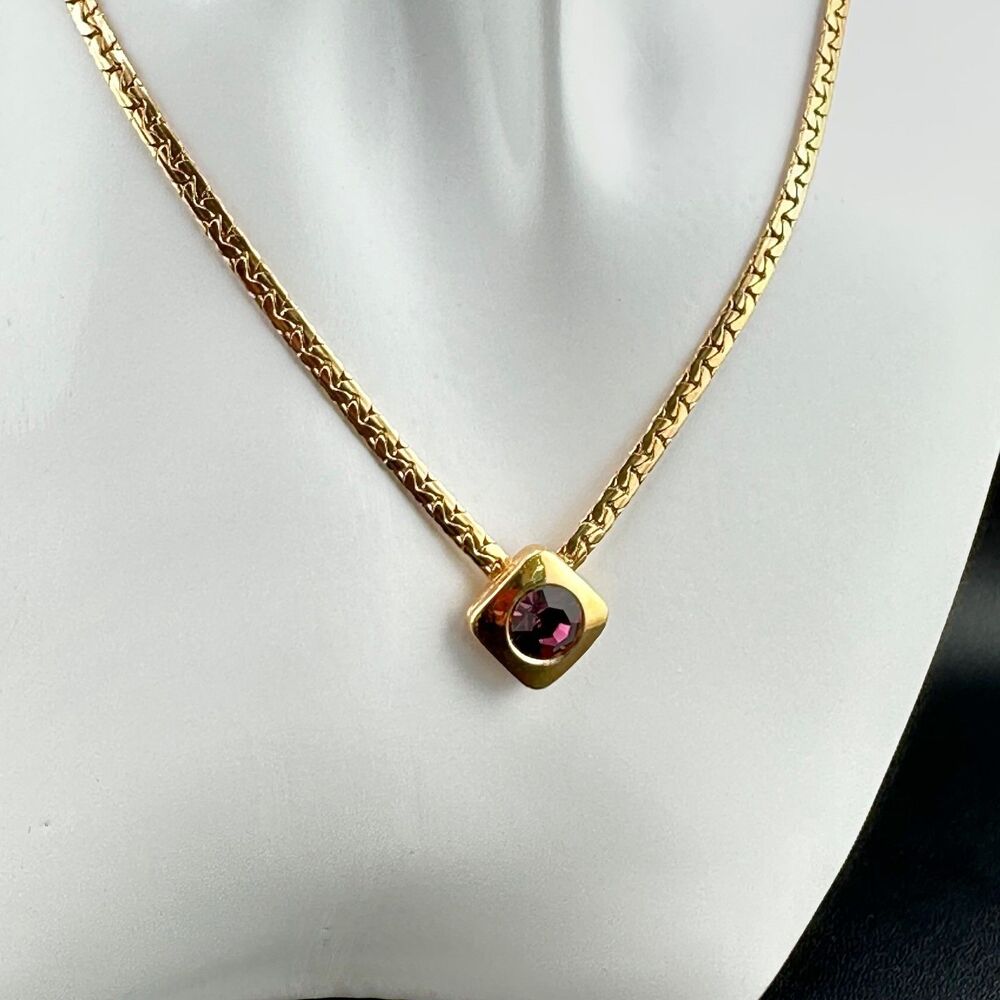 Vintage Pendant Necklace Gold Tone Cobra Chain Purple Square Crystal Signed